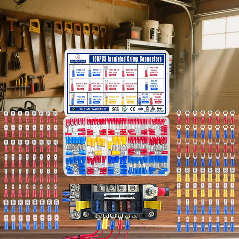Ultimate 150 Piece Crimp Connector Kit with 16 types of electrical connectors in assorted colors in a workshop setting.