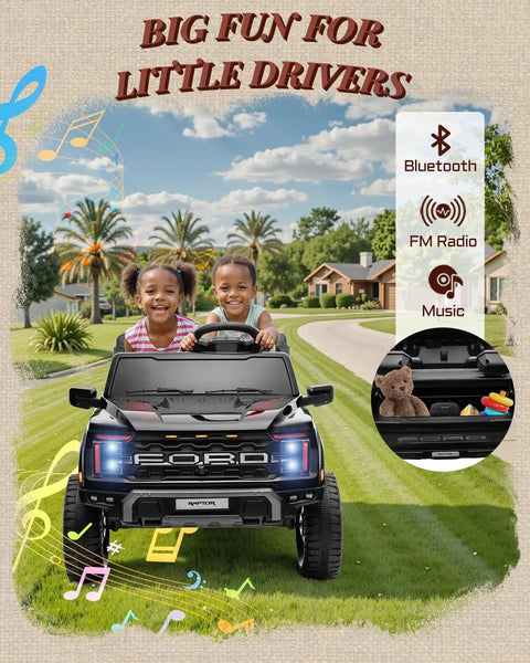 Two happy kids in 24V Ride On Toy For Big Kids Licensed Ford F150 Raptor Two Seater With Remote Control LED Headlights