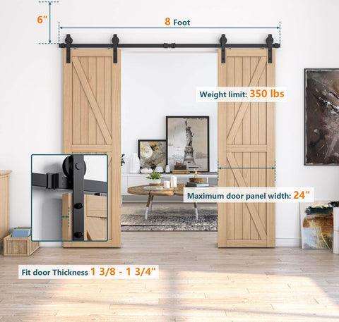 Beefy Sliding Barn Door Hardware Kit For Double Doors Black Finish Eight Foot Rail System With I Shape Hanger, installed view