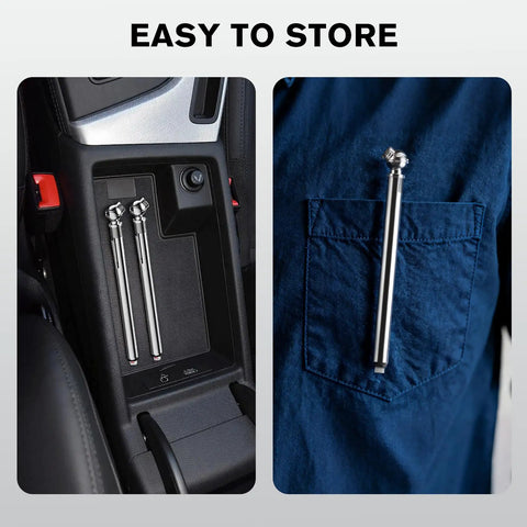 2 Pack Slim Pencil Tire Pressure Gauge Set in car console and shirt pocket, all metal stainless steel, 10-75 PSI range, easy to store