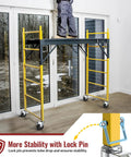 Person on scaffold with 5 Inch Scaffolding Caster Wheels Set Of Four With Dual Locking Swivel Casters And One And A Quarter Inch Square Stem