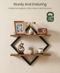 Top Shelf Two Tier Floating Wall Shelves Set Of Two With Sleek Diamond Iron Frame Rustic Brown Metal Decor displaying decoratives