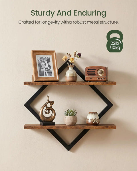 Top Shelf Two Tier Floating Wall Shelves Set Of Two With Sleek Diamond Iron Frame Rustic Brown Metal Decor displaying decoratives