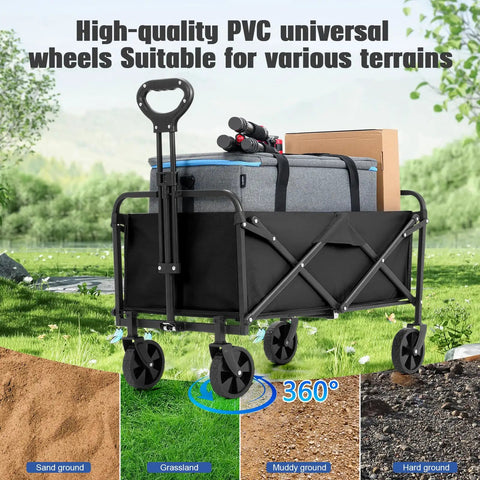 Collapsible Foldable Wagon With Wheels For Beach, Garden, Shopping And Outdoor Use, Heavy Duty Utility Cart Carrying Up To 220 Lbs pictured outdoors