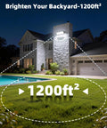 Two Pack 100W LED Shop Lights 14000 Lumens 6000K Daylight illuminating backyard with 1200 sq ft coverage at night