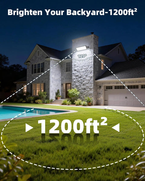 Two Pack 100W LED Shop Lights 14000 Lumens 6000K Daylight illuminating backyard with 1200 sq ft coverage at night
