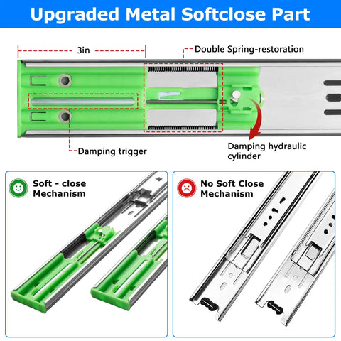 Diagram of soft close mechanism in 22 inch drawer slides with brackets, highlighting damping trigger and hydraulic cylinder, metal finish