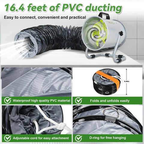 8 Inch Utility Blower Exhaust Fan Built Tough With 16.4 Ft Duct Hose 2800 RPM High Speed Low Noise Ventilation Fan For Industrial Welding Paint Booths Basements And Warehouses Delivers 1300m3h Airflow shown with PVC duct and features