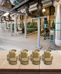 Heavy Duty Set Of Four Brass Drain Screws For Air Compressor Tanks And Compact Pumps built from durable brass on a work surface.