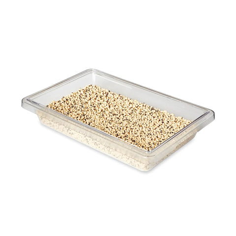 Clear 2 Gallon Polycarbonate Food Storage Tote For Pro Kitchens And Restaurants, BPA Free, with visible grains inside, commercial use