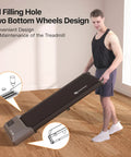 Portable Under Desk Walking Pad Treadmill With Remote And 300 Lb Capacity Hassle Free Setup Compact Home Office Fitness Gear To Clock Up Steps While You Type In Gray, showing oil filling hole and bottom wheel design.