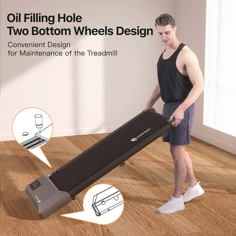 Portable Under Desk Walking Pad Treadmill With Remote And 300 Lb Capacity Hassle Free Setup Compact Home Office Fitness Gear To Clock Up Steps While You Type In Gray, showing oil filling hole and bottom wheel design.