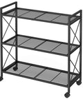 Three Tier Rolling Steel Storage Rack With Mesh Shelves Smooth Wheels Heavy Duty Entryway Organizer in black, showcasing three shelves.