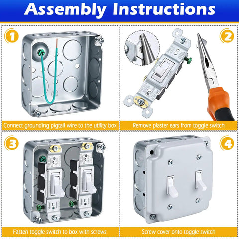 Assembly instructions for Two Gang Double Switch Box Kit with 4x4 Inch Metal Electrical Box and Two 15 Amp Tamper Resistant Switches