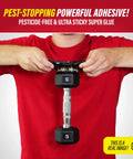 Pest-stopping powerful adhesive demonstration with a 5-pound dumbbell, showcasing ultra-sticky super glue for pest control.