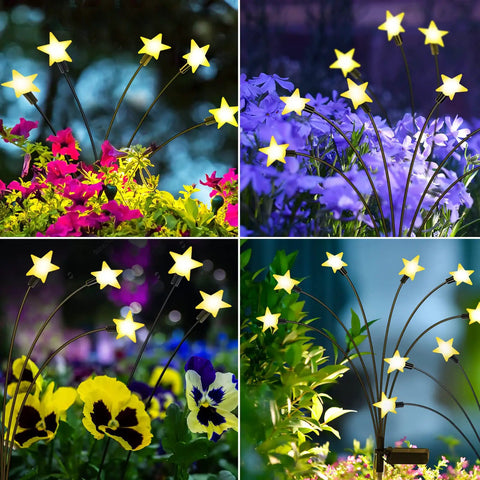 Two Pack Solar Firefly Lights For Garden Upgraded Swaying Iron Wire Outdoor Decor with star shapes among colorful flowers