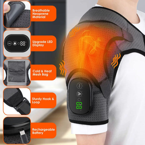 Cozy Heated Shoulder Wrap Massager for men and women with breathable neoprene, LED display, and rechargeable battery.