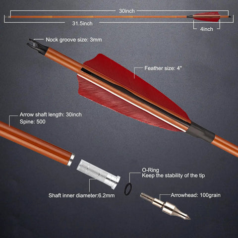 Diagram of Premium 30 Inch Carbon Hunting Arrows with Real 4 Inch Turkey Feather Fletching, removable tips, 500 spine, brown shaft