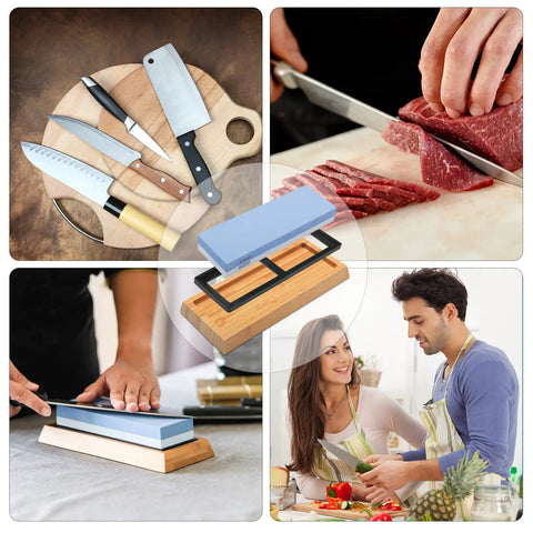 Double Sided Knife Sharpener Kit 1000 6000 Grit With Slip Resistant Bamboo Base And Angle Guide For Precision Honing And Pro Grade Knife Sharpening Stone Set shown in use with sharpening and culinary scenes.