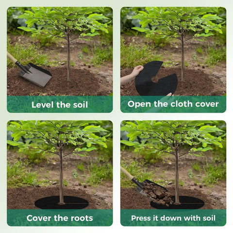 8 Pack 20.47 Inch Nonwoven Mulch Mats for Landscaping installed around tree base for root protection and weed control.