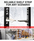 Close-up of Eight Piece 36 Inch Heavy Duty Shelf Track System Built To Last With Adjustable Brackets Stainless Steel Pilaster Strips And Shelf Standards In A Warehouse