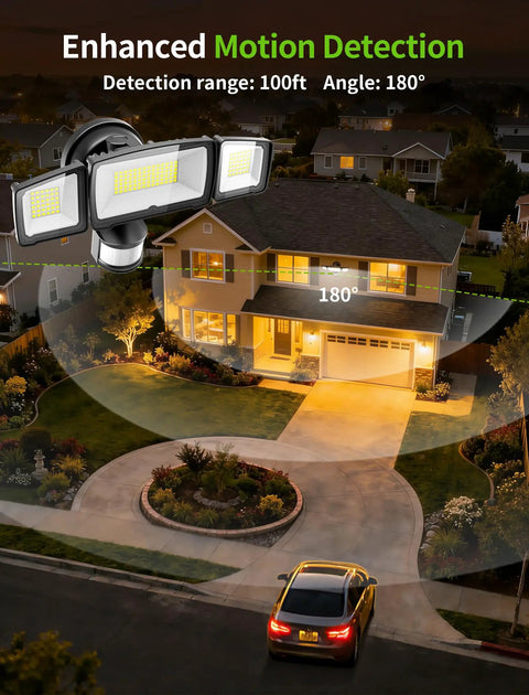Beastly Bright 100W LED Security Flood Light With 11000 Lumens, 3 adjustable heads illuminating a house and yard at night.
