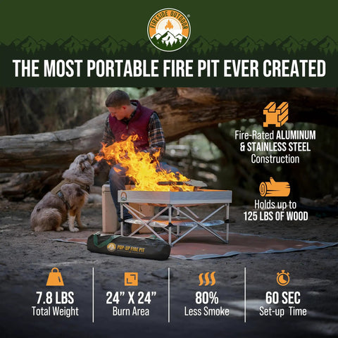 Go Anywhere Portable Fire Pit For Camping And Backyard Grilling Lightweight 8 Lb Pop Up Fire Pit set up in forest with dog and man