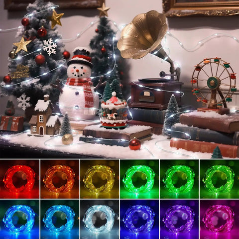 16.5Ft 50 LEDs Colorful Fairy String Lights With 132 Modes illuminating festive decor with snowman and fir trees