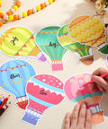 Close-up of colorful hot air balloon cutouts from 68 Pcs Hot Air Balloon Classroom Bulletin Board Decorations Kit for Back to School