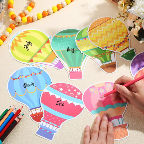 Close-up of colorful hot air balloon cutouts from 68 Pcs Hot Air Balloon Classroom Bulletin Board Decorations Kit for Back to School