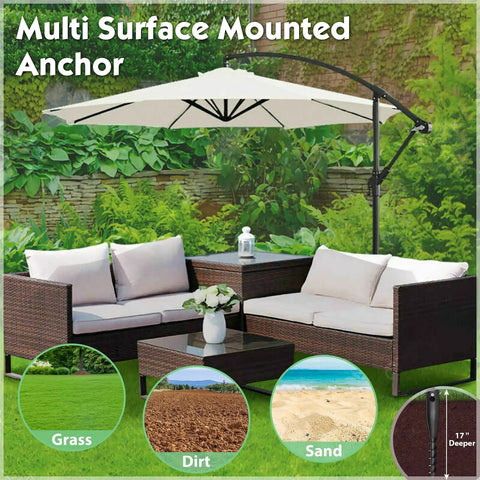 Heavy Duty Steel Beach Umbrella Sand Anchor No Dig Ground Stake with patio setup, suitable for grass, dirt, and sand.