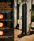 Heavy Duty Fence Post Repair Kit With Thickened Steel Post Anchor Ground Spike Quick Fix For Broken Or Leaning Wood Fence Posts Wooden Fence Post Stabilizer Stakes 4 Pack Black, showing steel anchor installed on wood fence.