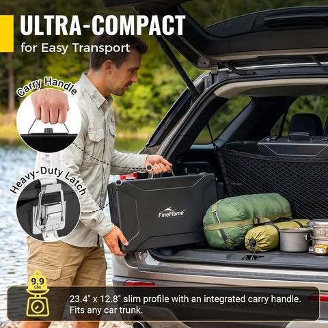 Man placing Portable Three Burner Propane Camping Stove With Regulator Push Button Ignition Adjustable Burners And Wind Guards for car trips