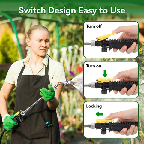 Woman using Two Pack Universal Sprayer Wands With Hoses For Ryobi in garden; close-up of trigger wand operation steps.