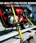 Heavy Duty Ratchet Tie Down Straps 1.5 Inch By 16 Foot 3300 Lb Break Strength 2 Pack for hauling motorcycles in use
