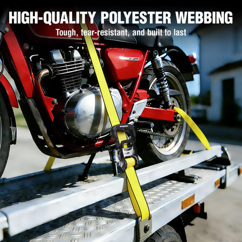 Heavy Duty Ratchet Tie Down Straps 1.5 Inch By 16 Foot 3300 Lb Break Strength 2 Pack for hauling motorcycles in use