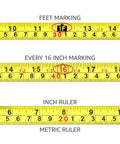 Close-up of a Pink Retractable Tape Measure 16 Ft With Dual Metric And SAE Readouts Three Quarter Inch Wide Blade showing marked increments.