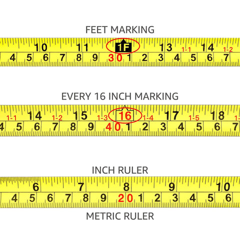 Close-up of a Pink Retractable Tape Measure 16 Ft With Dual Metric And SAE Readouts Three Quarter Inch Wide Blade showing marked increments.