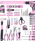 Pink 232-Piece Drill Set With 20V Cordless Drill Driver And Home Tool Kit for Women, including tools and pink storage bag.