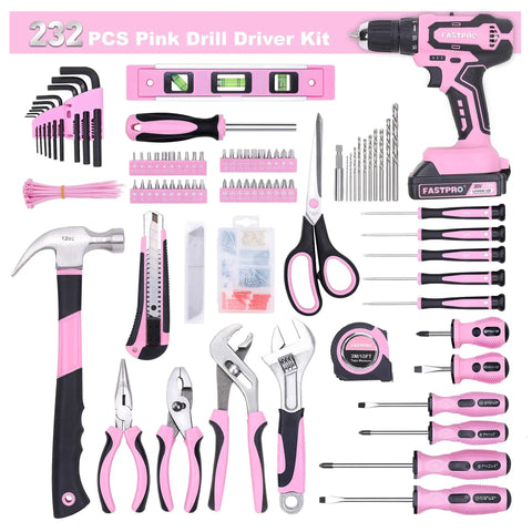 Pink 232-Piece Drill Set With 20V Cordless Drill Driver And Home Tool Kit for Women, including tools and pink storage bag.