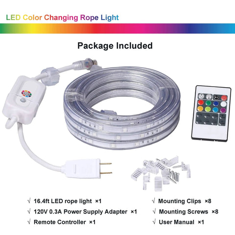 Package contents of 33ft Flat Flexible LED Rope Lights with Remote Control Color Changing RGB Strip 8 Colors and Modes