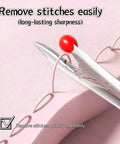 Close-up of a seam ripper in use from 2 In 1 Needle Threader And Seam Ripper Set For Quick Threading Portable And Durable No Fuss Multifunction Sewing Tool For Home And On The Go Automatic Loop Threader For Most Sewing Machines Purple.
