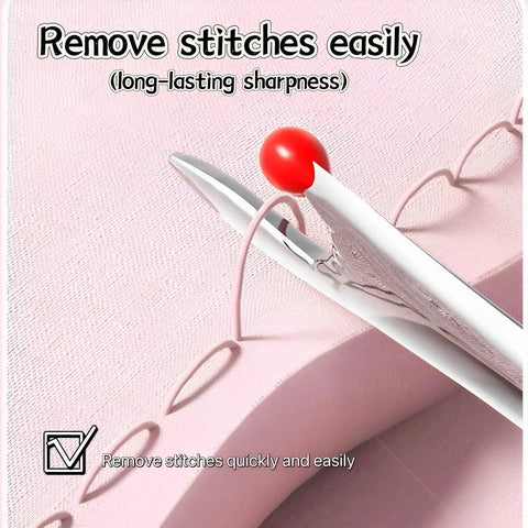 Close-up of a seam ripper in use from 2 In 1 Needle Threader And Seam Ripper Set For Quick Threading Portable And Durable No Fuss Multifunction Sewing Tool For Home And On The Go Automatic Loop Threader For Most Sewing Machines Purple.
