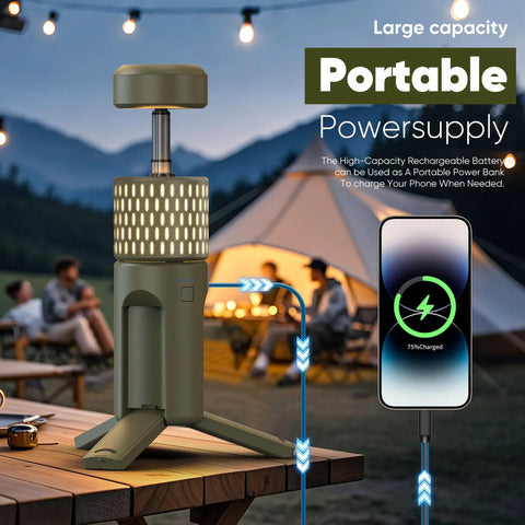 Rechargeable 12000mAh Collapsible Camping Lantern with beastly battery life, shown as a portable power supply outdoors with a tent.