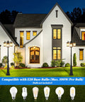House exterior with Triple-Head Outdoor Lamp Post Light 78 Inch Weatherproof Exterior Street Light with Triple Clear Glass Shades, E26 base bulbs.