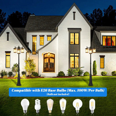House exterior with Triple-Head Outdoor Lamp Post Light 78 Inch Weatherproof Exterior Street Light with Triple Clear Glass Shades, E26 base bulbs.