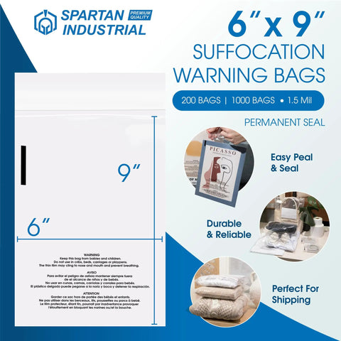 Six By Nine Inch Self Seal Clear Poly Bags 1000 Count Bulk Pack With Suffocation Warning For Packaging And Shipping, Easy Peel And Seal