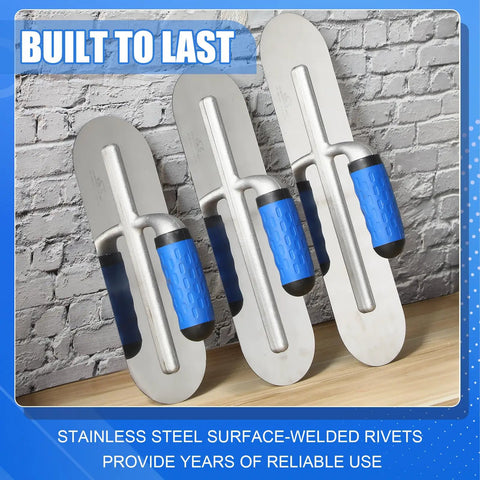 Pro Grade Three Piece Stainless Steel Concrete Trowel Set With 16 By 4 Inch 14 By 4 Inch And 12 By 4 Inch Flat Finishing Trowels for Cement