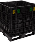 Rugged Collapsible Bulk Storage Container Featuring Four Way Forklift Access And Two Drop Doors Standard Duty Stacking Pallet Box With One Thousand Seven Hundred Pound Capacity, black plastic bin, durable design.