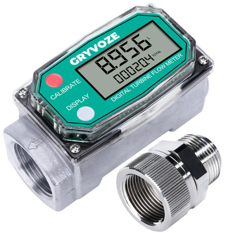 1 Inch Water And Fuel Flow Meter With Swivel 360 Connector For 2.6-26 GPM Inline NPT Thread With 1 Percent Accuracy For Diesel Gas Oil Gasoline And Other Liquids Sleep Mode displayed with fittings.